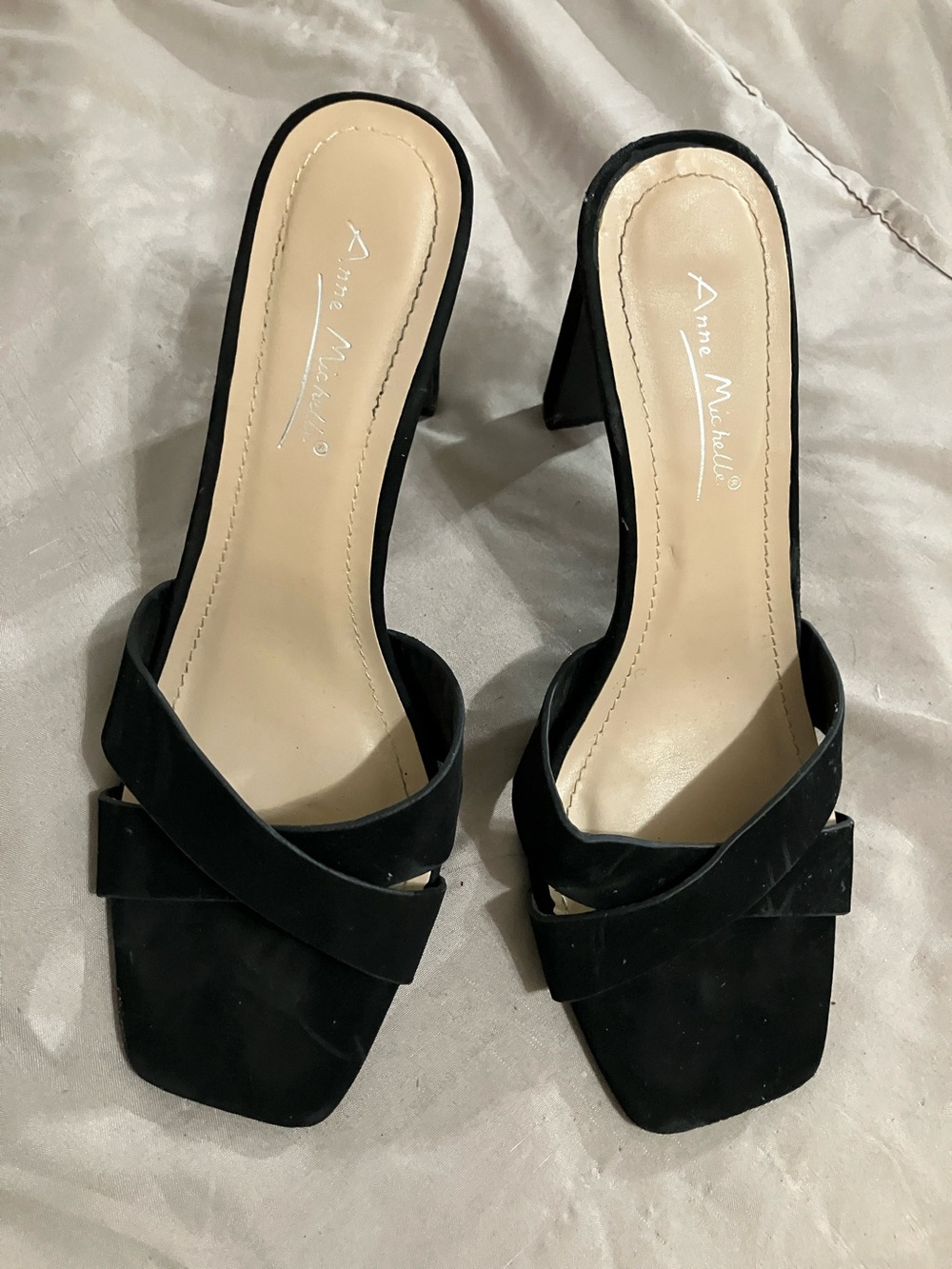 Anne Michelle Black Crisscross Square-Toe Heeled Mules